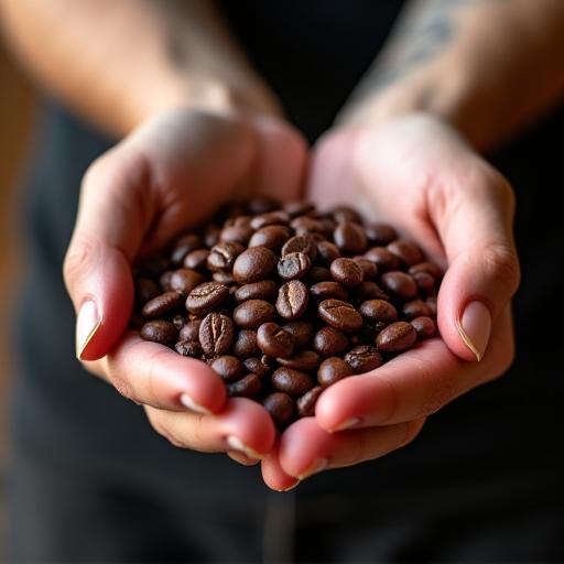Eine Hand voller frisch gerösteter Kaffeebohnen